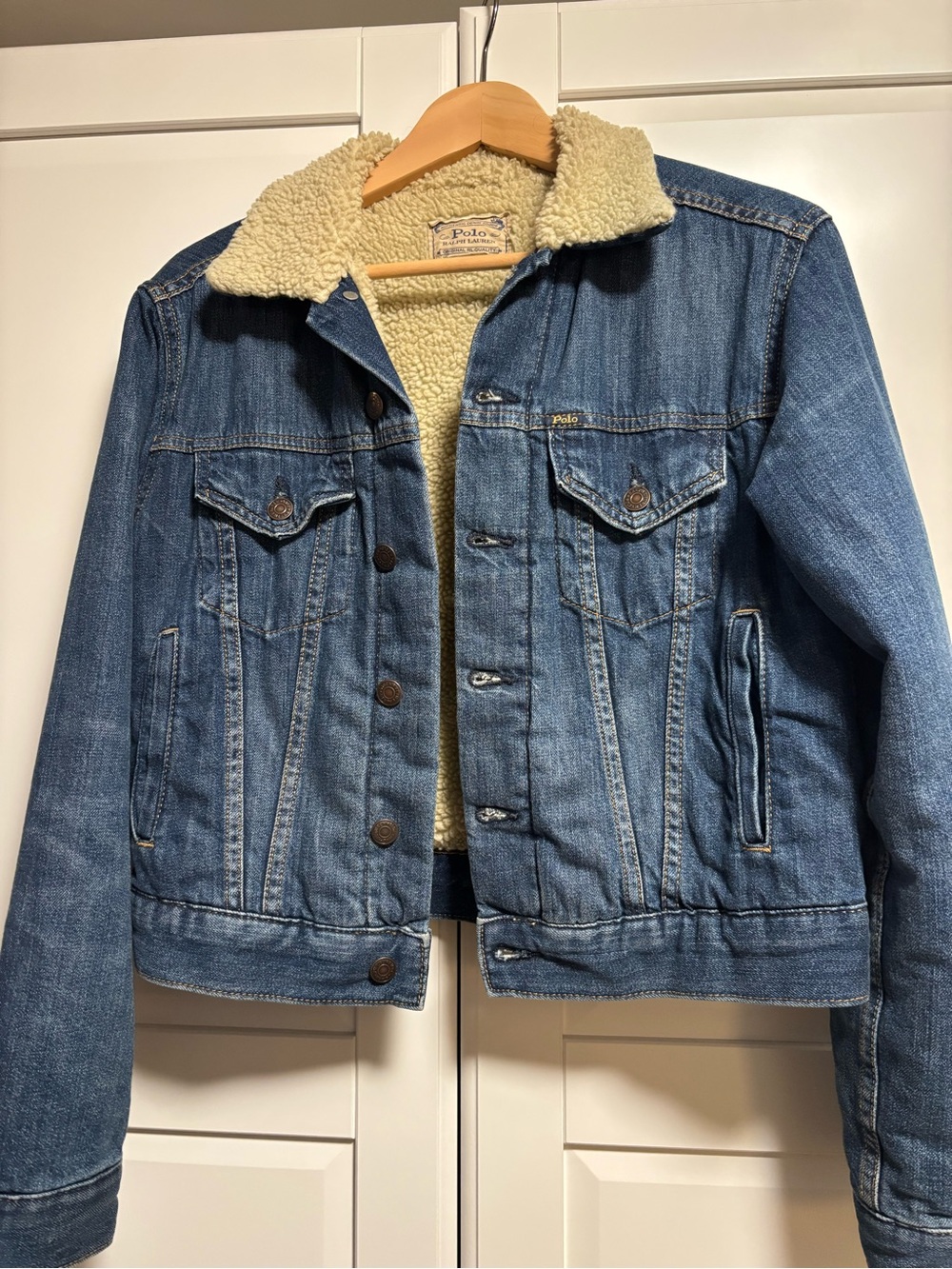 Polo by Ralph Lauren Blue Denim Jacket with Cream Sherpa Lining - Size Small